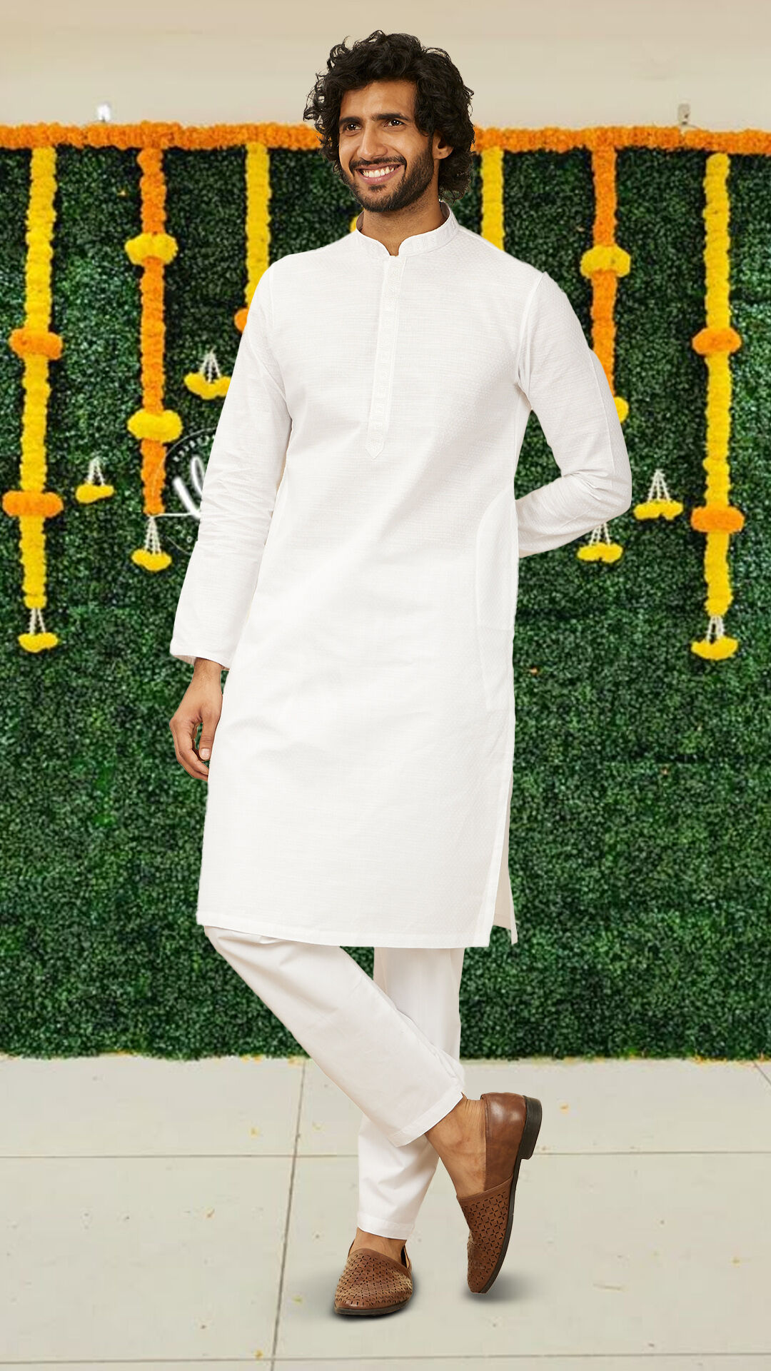 Men wearing white kurta pajama with brown juttis for haldi ceremony